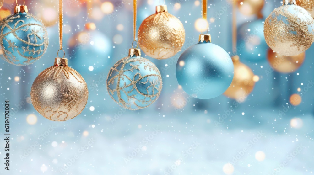 Christmas holiday banner with hanging blue and golden festive decorations on blurred blue background. Generative AI. Christmas holiday banner with hanging blue and golden festive decorations on blurred blue background. Generative AI.