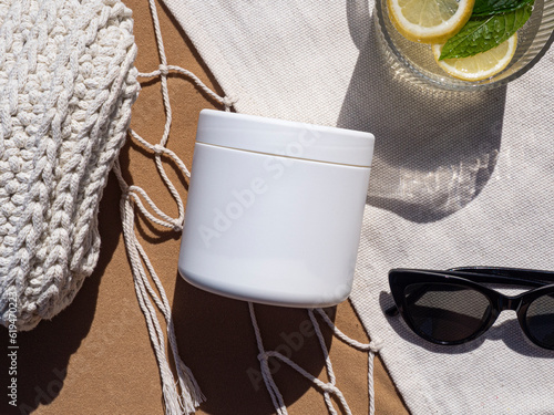 White plastic jar mockup. Packaging with long shadow. Summer flatlay