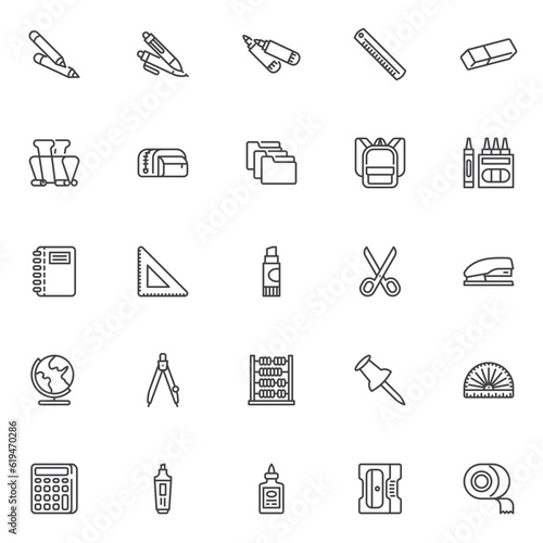 School supplies line icons set
