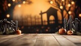 empty wooden table blurred pumpkin halloween background 
