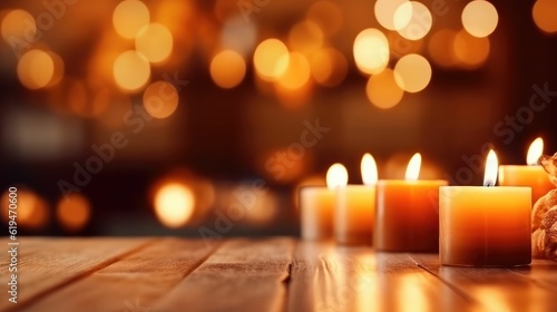 empty wooden table blurred candle light background