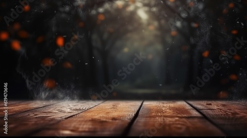 empty wooden table blurred pumpkin halloween background 