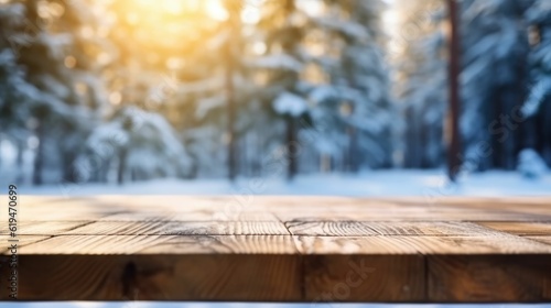 wooden table blurred winter snow background 
