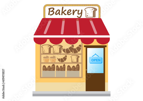  Bakery shop in flat style. Showcase Bakery Shop Food Store Facade Street Cartoon Illustration. Bakery building facade.
