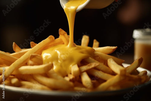 french fries on a plate with chesse.