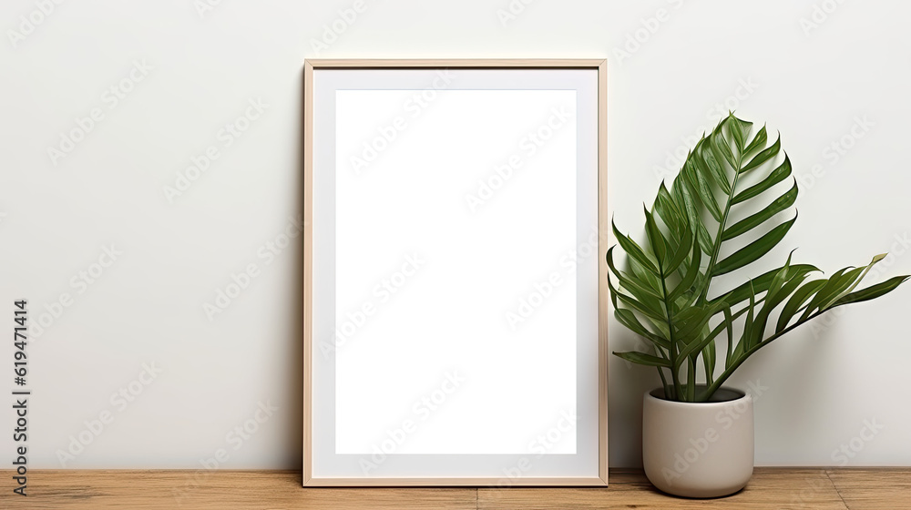 A blank photo frame mockup placed on a wooden floor in an empty room, surrounded by a lush green plant A blank photo frame mockup placed on a wooden floor in an empty room, surrounded by a lush green plant