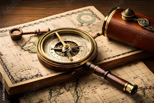 Print op canvas antique brass telescope and compass old times world map with generative AI