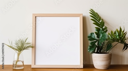 A blank photo frame mockup placed on a wooden floor in an empty room, surrounded by a lush green plant