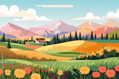 Beautiful vector landscape of mountains, fields, meadows, flower field, forest and sweet home. Landscape in early autumn.