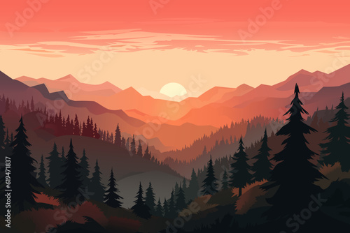 Beautiful vector landscape of mountains and forests at sunset. Amazing sunset over the mountains. Warm rays of the sun.