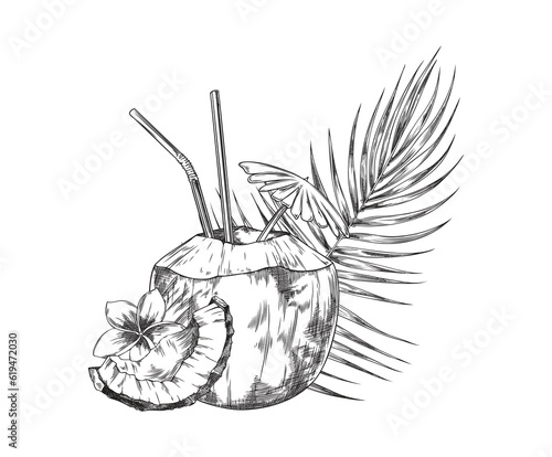 Sketch of tropical coconut cocktails with straw, umbrella and flower, Vector illustration isolated on white background