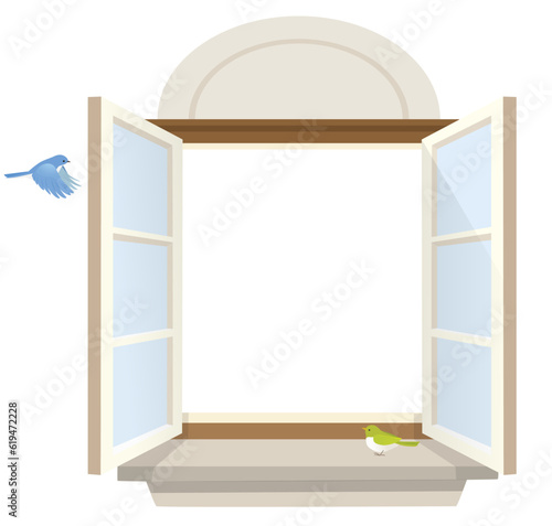 小鳥のいる窓辺のフレームイラスト