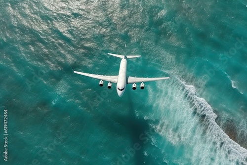 Top View Close Up of Airplane Flying over the Sea