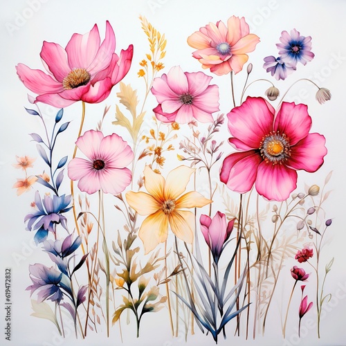 Boho chic Floral Wildflowers Watercolor, Delicate Blooms on a white background. AI generation © NS