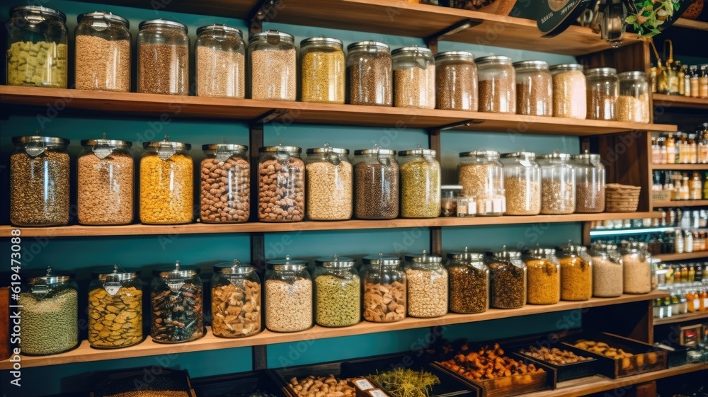 Customers buying dry goods and bulk products in plastic free grocery store. Conscious shopping, sustainable small businesses, minimalist lifestyle. Generative AI