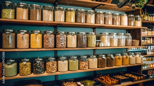 Customers buying dry goods and bulk products in plastic free grocery store. Conscious shopping, sustainable small businesses, minimalist lifestyle. Generative AI