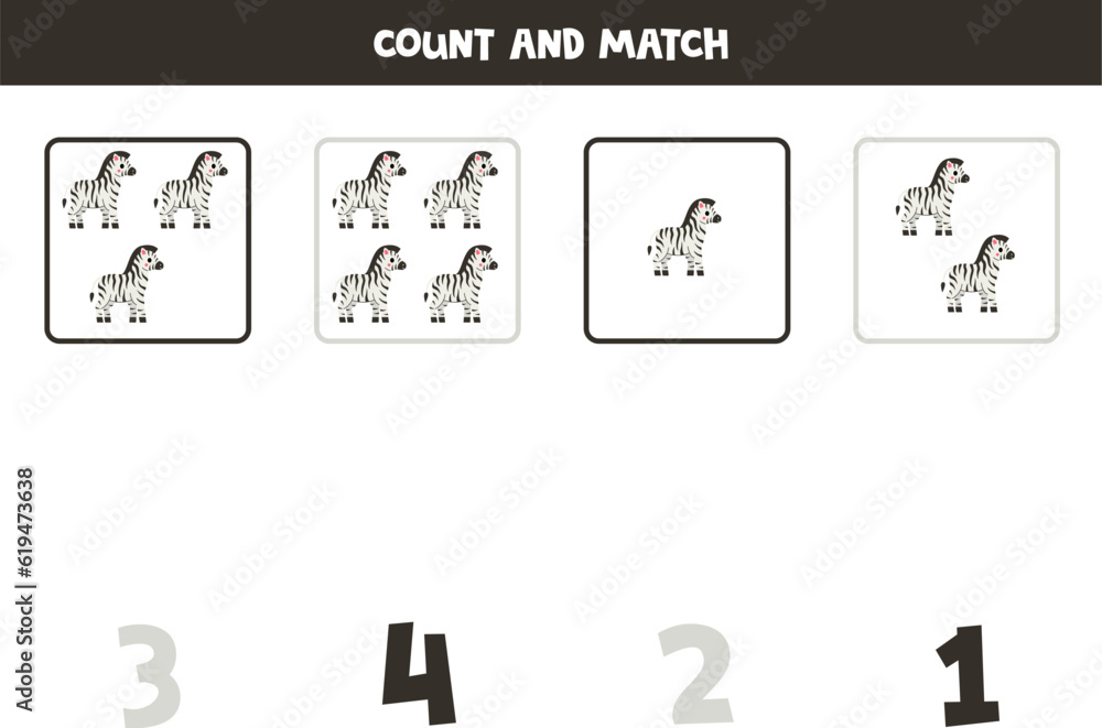 Counting game for kids. Count all zebras and match with numbers. Worksheet for children. Counting game for kids. Count all zebras and match with numbers. Worksheet for children.
