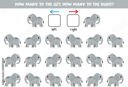 Left or right with cute cartoon elephant. Logical worksheet for preschoolers.
