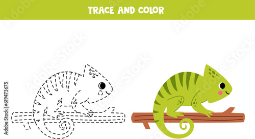 Trace and color cartoon green chameleon. Worksheet for children.