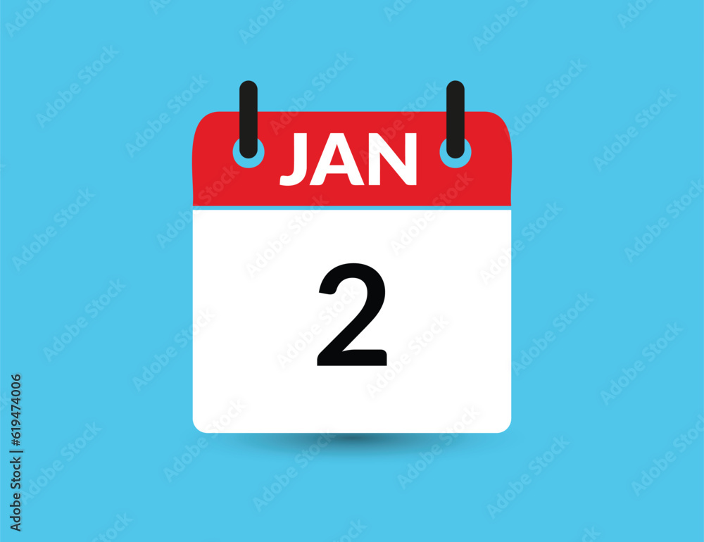 January 2. Flat icon calendar isolated on blue background. Date and month vector illustration