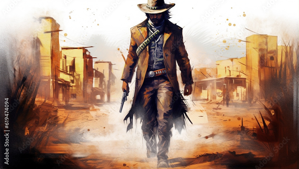 A cowboy walking with a gun in the middle of the Old West