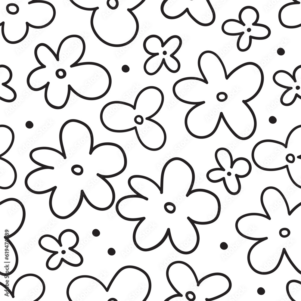 Seamless vector pattern with hand-drawn flowers. Black and white floral ornament