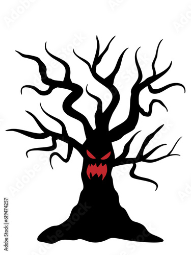 An eerie tree with unnaturally curved branches. Halloween illustration material.