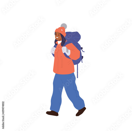 Happy young woman cartoon character wearing winter clothes backpacking enjoying trekking trip