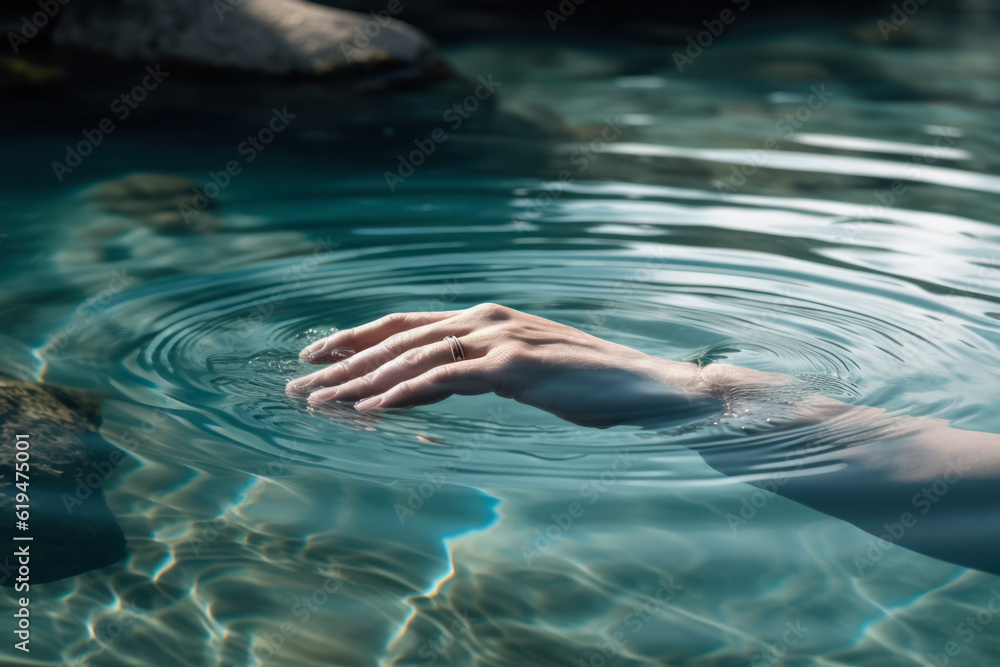 woman hand with a wedding ring sticks out from under the water generative ai