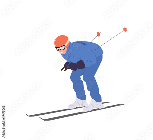 Sportsman engaged in speed skiing challenge competition, outdoor extreme sport at mountain resort
