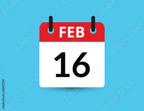 February 16. Flat icon calendar isolated on blue background. Date and month vector illustration