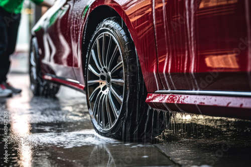 car wash, car wheel in soapy water generative ai © Poter