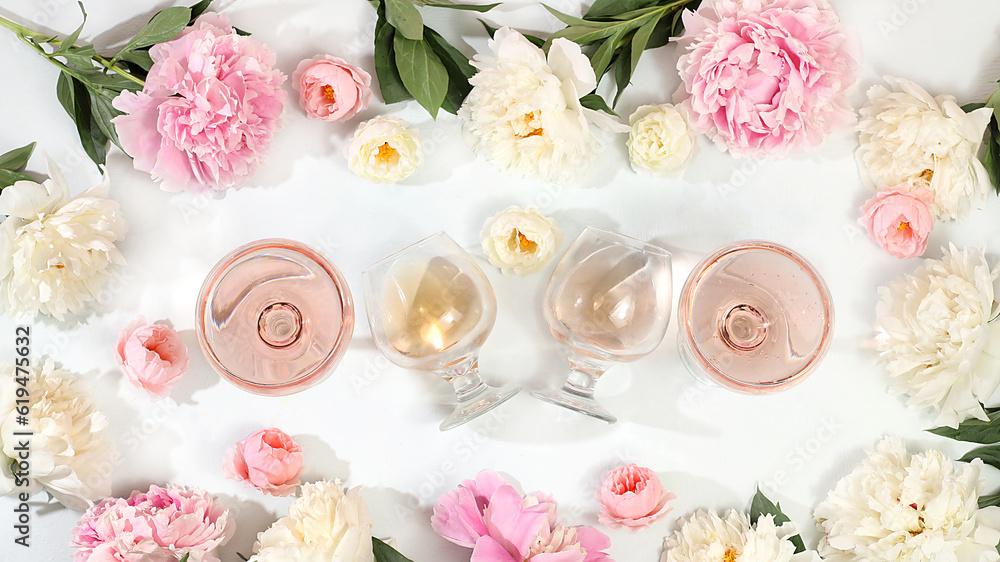 Floral composition with different varieties of rose wine, summer alcoholic cocktail for a party and peony flowers on a light background, the concept of a bar, cafe, advertising banner, 
