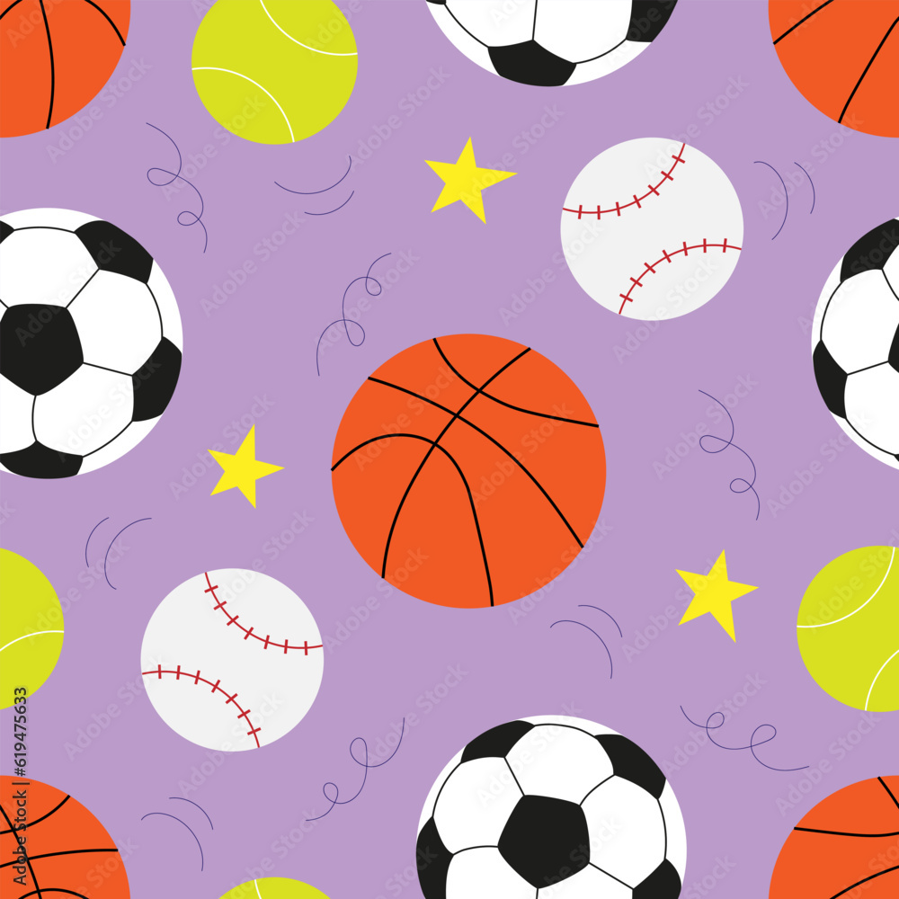 Vector seamless pattern with soccer balls, basketball,  tennis ball and baseball in cartoon style