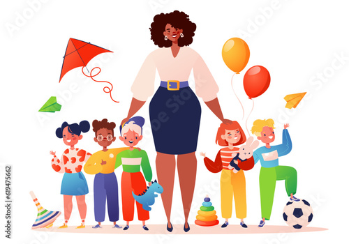 Kindergarten concept with young smiling female teacher, nanny, and group of children standing in row with toys lying around them, children holding toys in their hands. Preschool cartoon flat vector 