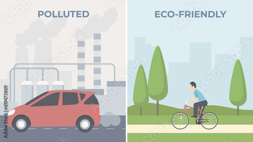 Comparison of clean and polluted environment. The city with exhaust and eco-friendly of the environment. Car and green transport vector.