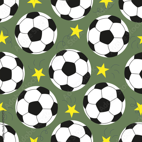Vector seamless pattern with soccer ball and stars in cartoon style. Football vector background