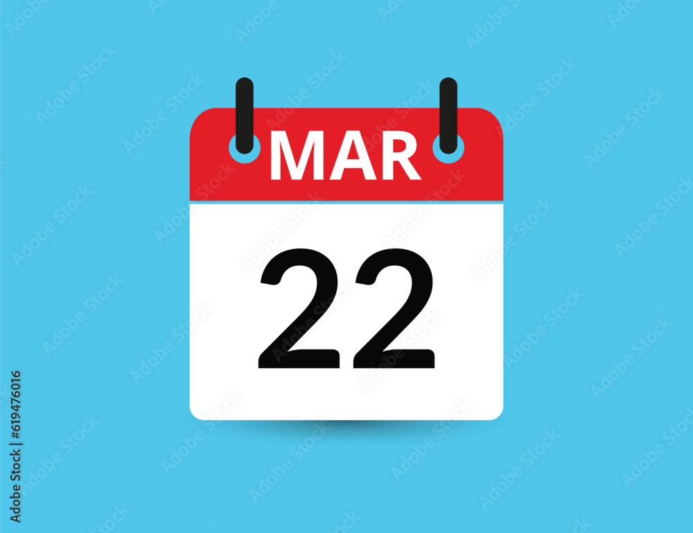 March 22. Flat icon calendar isolated on blue background. Date and month vector illustration March 22. Flat icon calendar isolated on blue background. Date and month vector illustration