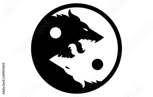 Wolf Yin-Yang Howling At The Moon,  Dark and white. Driver Car Sticker, Decal, Vinyl, Label, Windshield Window JDM Japanese Letters Sticker. Vector illustration of a symbol of Yin and yang.