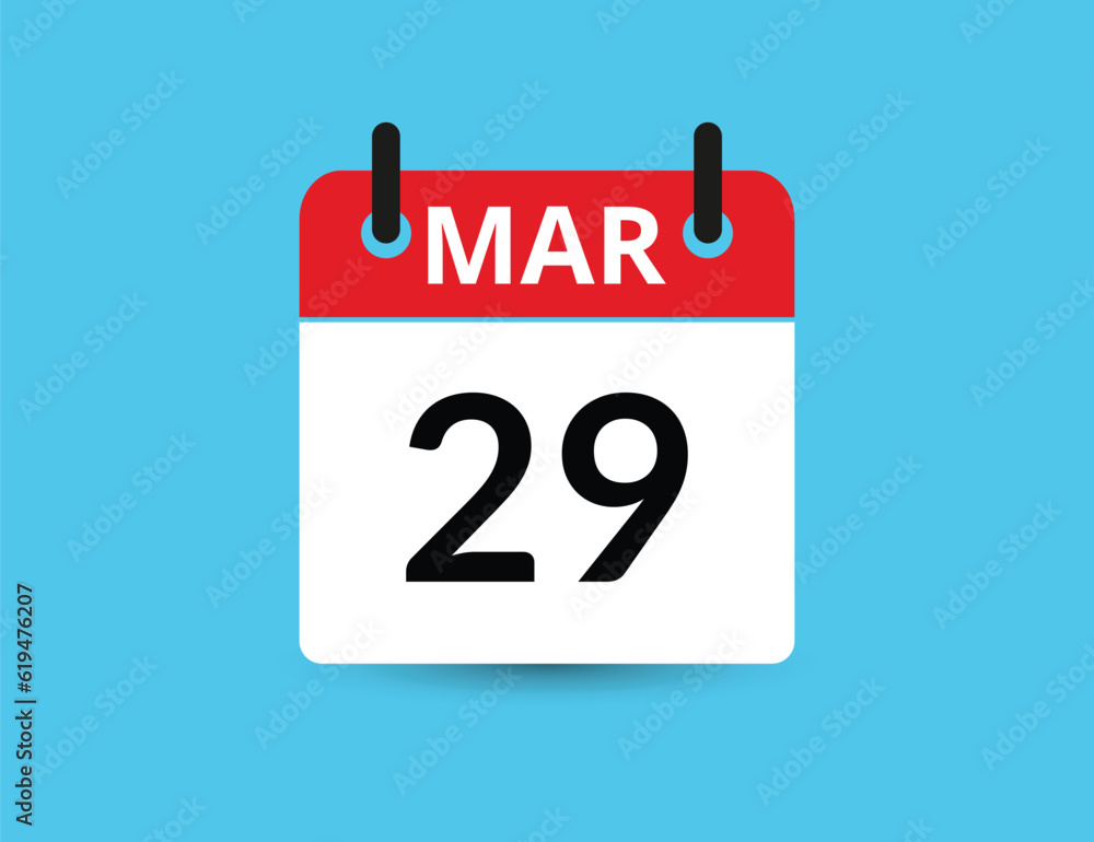 March 29. Flat icon calendar isolated on blue background. Date and month vector illustration March 29. Flat icon calendar isolated on blue background. Date and month vector illustration