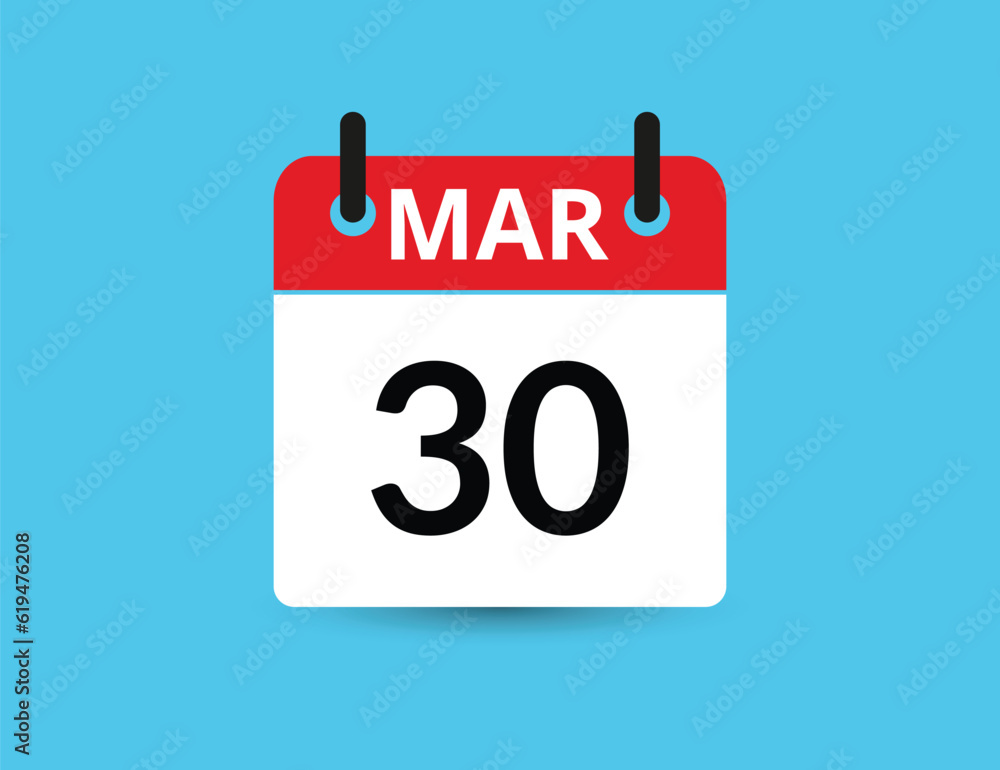 March 30. Flat icon calendar isolated on blue background. Date and month vector illustration March 30. Flat icon calendar isolated on blue background. Date and month vector illustration