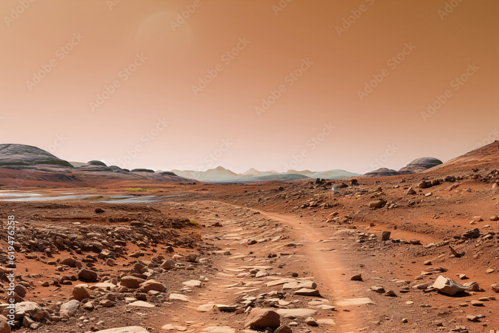 Fototapeta premium Mars. Martian landscape. Martian panorama. Road on mars. Generative AI technology.