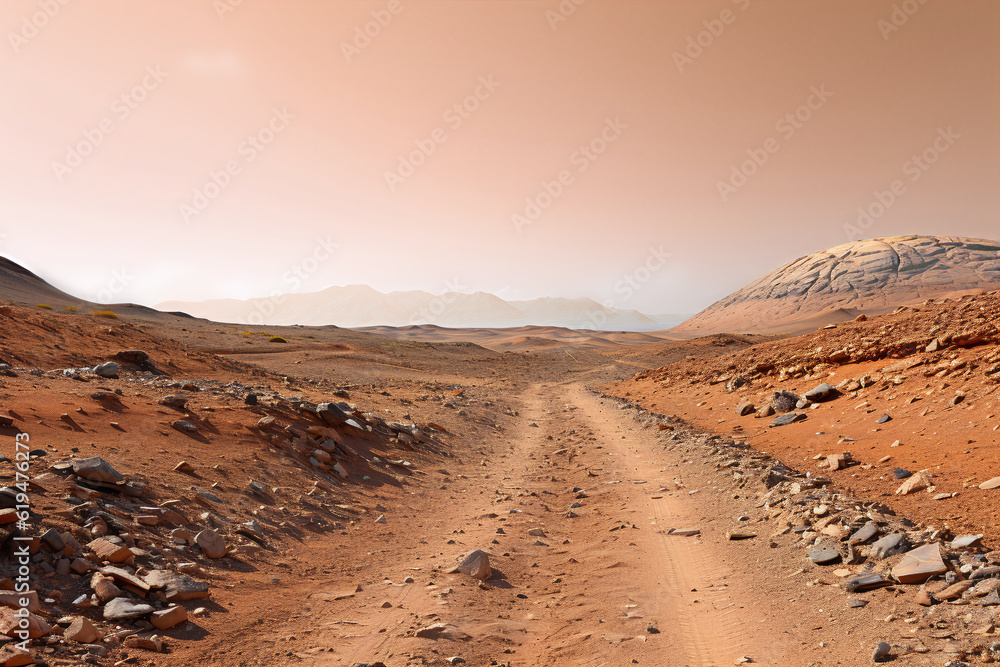 Mars. Martian landscape. Martian panorama. Road on mars. Generative AI technology.