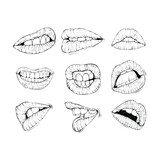 set mouth expression collection sketch vector illustration line art