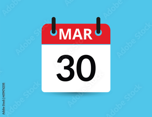 March 30. Flat icon calendar isolated on blue background. Date and month vector illustration