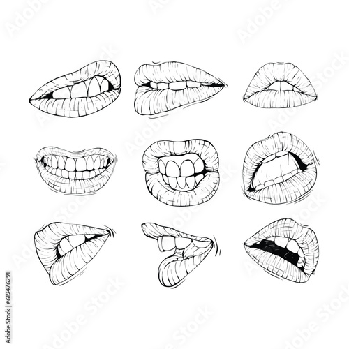 set mouth expression collection sketch vector illustration line art