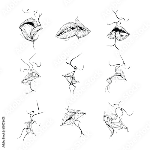set couple kissing lips collection sketch vector illustration line art
