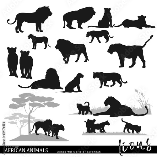 Lion silhouettes set with wildlife scenes. African savannah animals. Vector illustration.