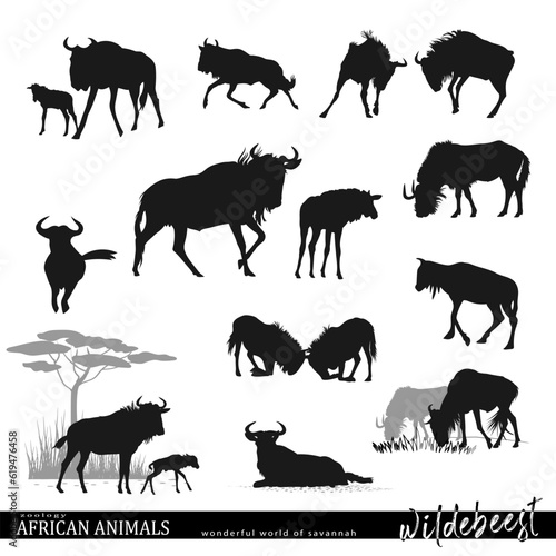 Wildebeest silhouettes set with wildlife scenes. African savannah animals. Vector illustration.