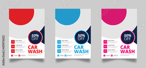 purple, orange, red, and yellow hues are used in this set of three-color banner business flyer templates for a car wash. marketing, a business plan, advertising, publicity, and a cover page. flesh 